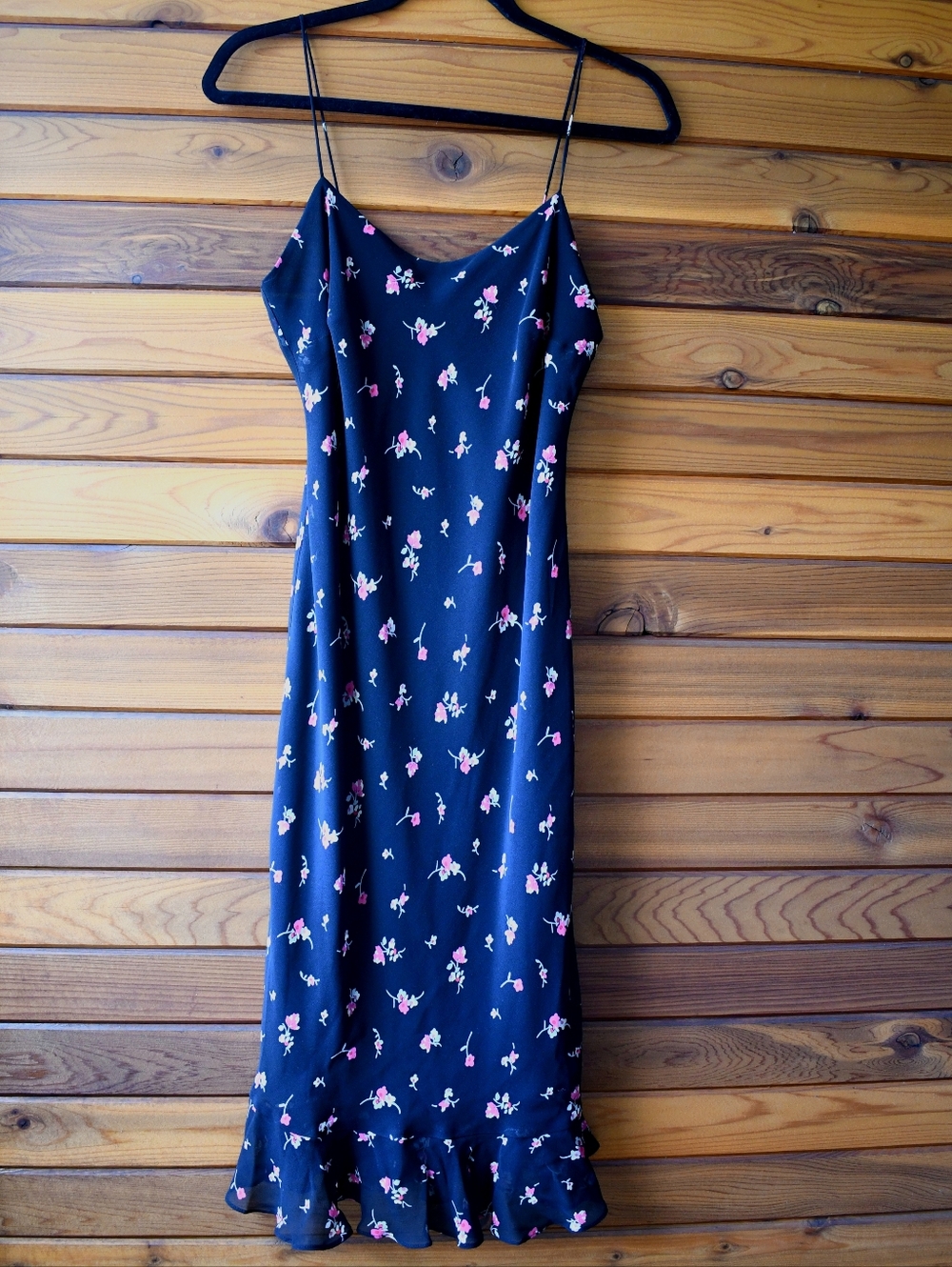Ann Taylor Silk Black Floral Slip Strappy Dress Ruffled Accent